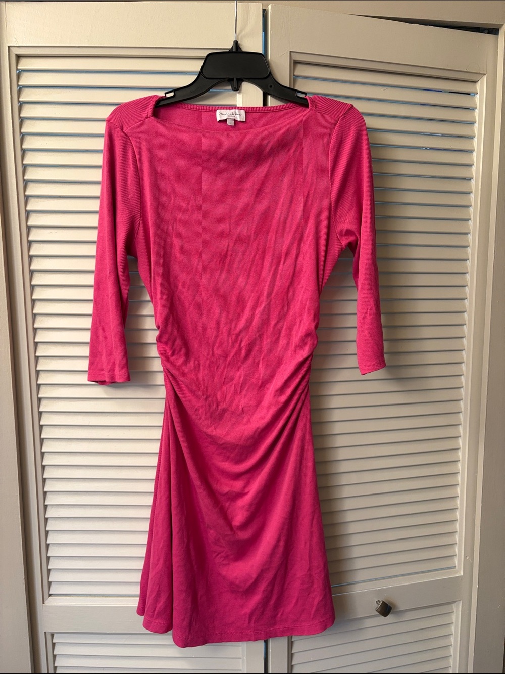Michael Stars Bright Fuchsia Ruched Waist Scoop Neck Dress - 3/4 Sleeves